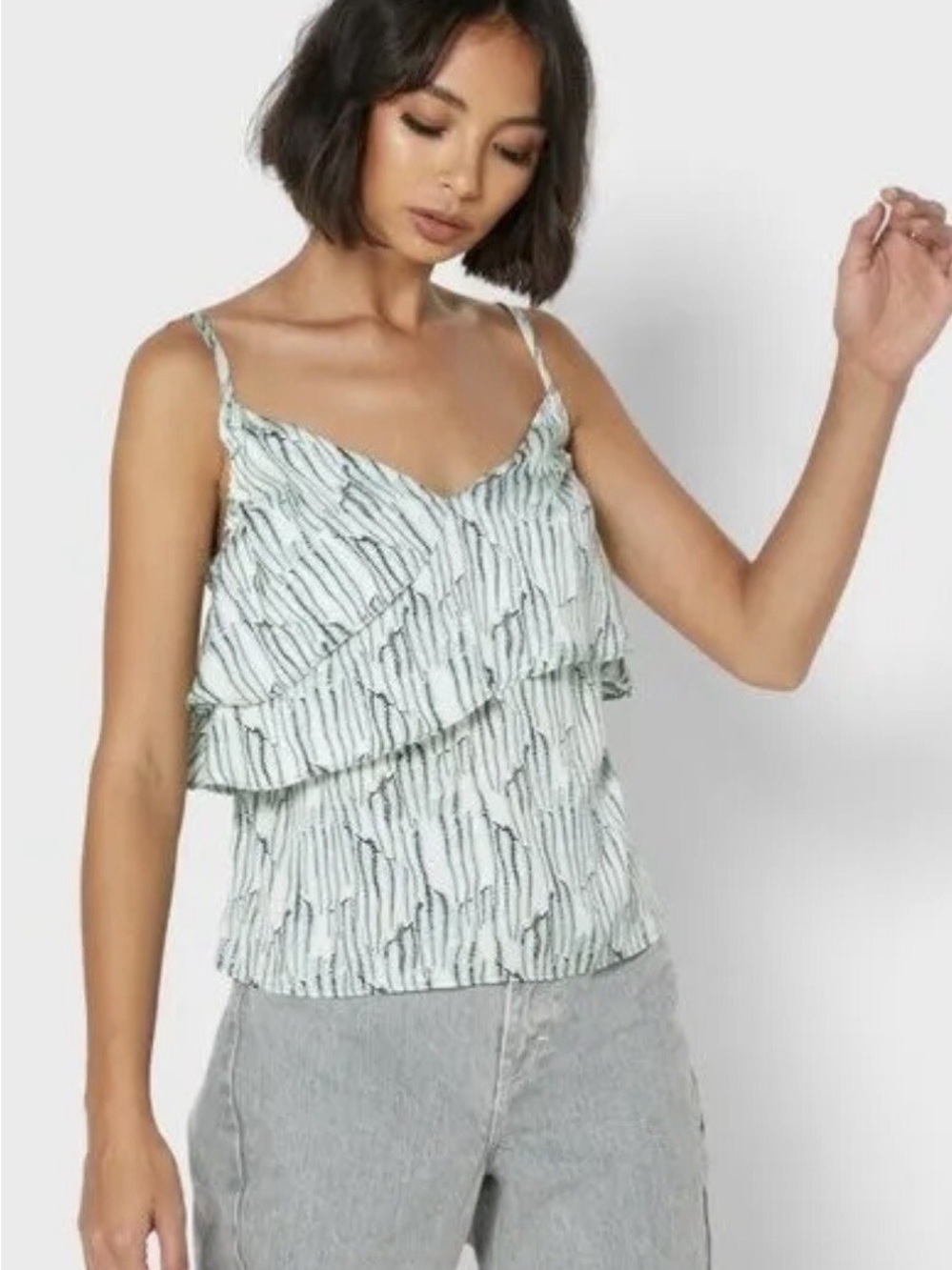 Topshop White Mint Green Leaf Print Tiered Ruffle Cami Tank Top Women Size 6